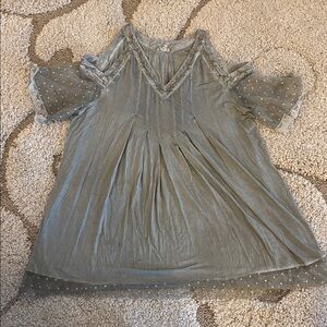 POL Gray Cold Shoulder Tunic with Sheer Polka Dot Sleeves